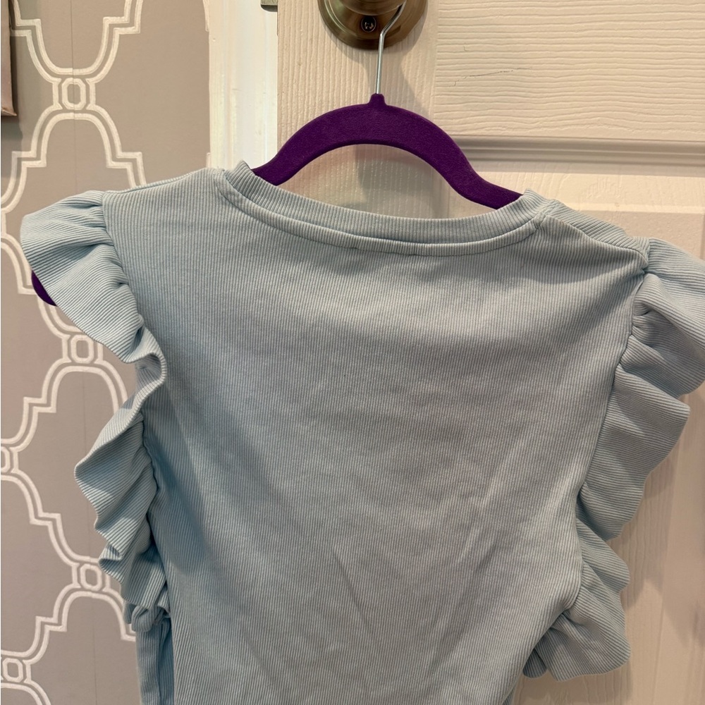 Zara Light Blue Ribbed Ruffle Sleeve Tee - Picture 3 of 3